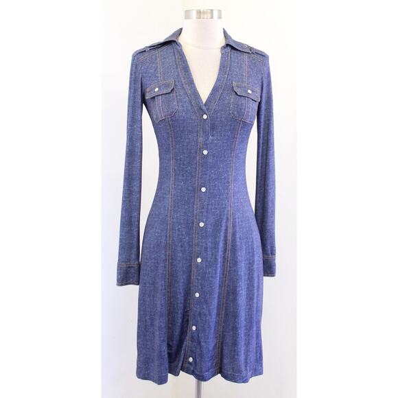 Cache Blue Denim Print V Neck Faux Button Up Long Sleeve Dress Size XS Bodycon - Picture 1 of 6